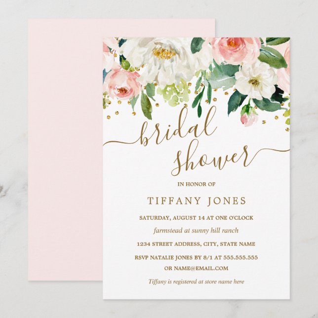 Invitación Floral Peach Pink Gold Confetti Brillante Ducha (Anverso / Reverso)
