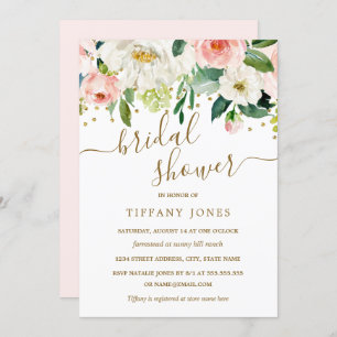 Invitación Floral Peach Pink Gold Confetti Brillante Ducha