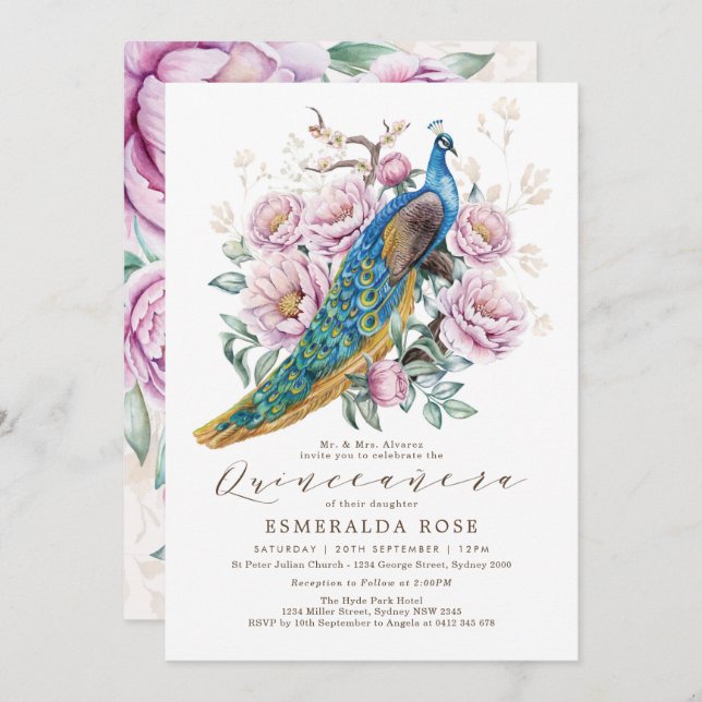 Invitación Floral Peacock Quinceañera Mis Quince cumpleaños (Anverso / Reverso)