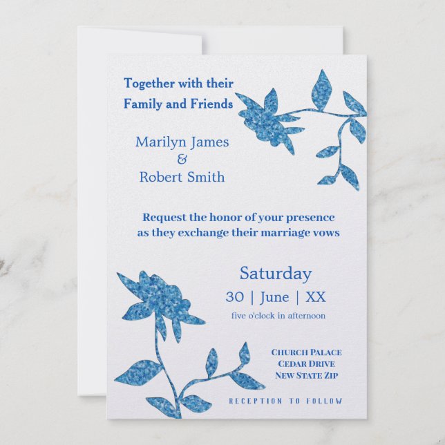 Invitación Floral pelorosa azul oriental (Reverso)