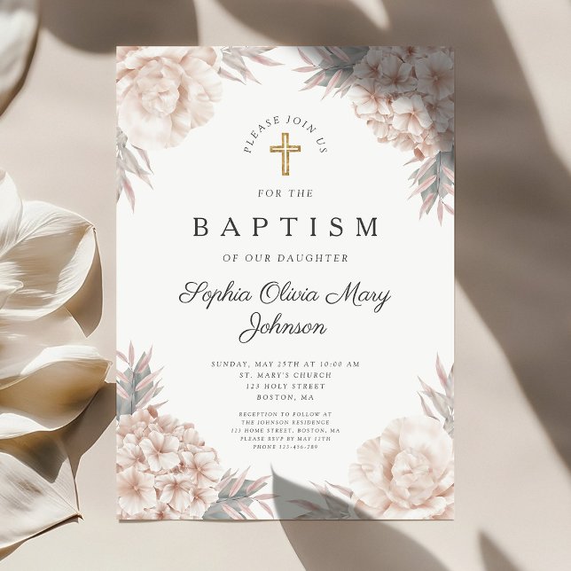 Invitación Floral Peonies Cruz de Oro Chica Bautismo religios (Floral Peonies Gold Cross Girl Religious Baptism Invitation)