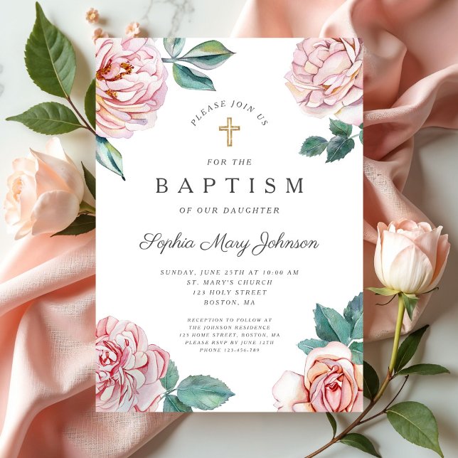 Invitación Floral Peonies Oro cruza el bautismo religioso (Floral Peonies Gold Cross Religious Baptism Invitation)