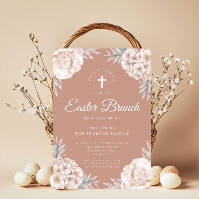 Invitación Floral Peonies Religiosos Cruce Brunch de Pascua (Floral Peonies Religious Cross Easter Brunch Invitation)