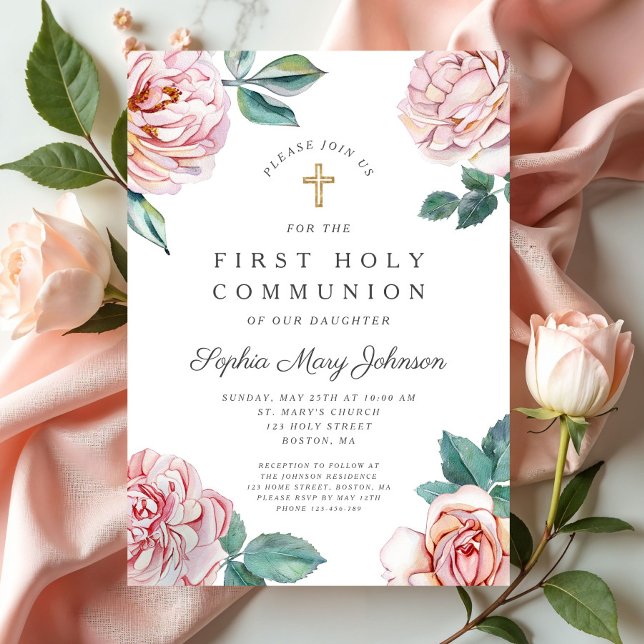 Invitación Floral Peonies rosados Chica Primera Comunión reli (Floral Pink Peonies Girl Religious First Communion Invitation)