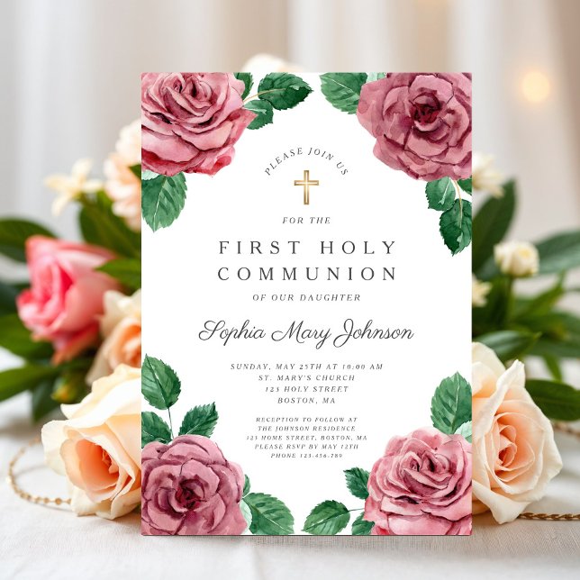 Invitación Floral Peonies rosados Chica Primera Comunión reli (Floral Pink Peonies Girl Religious First Communion Invitation)