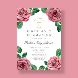 Invitación Floral Peonies rosados Chica Primera Comunión reli