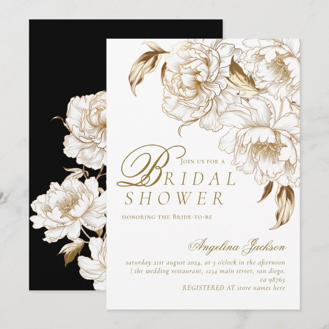 Invitación Floral Peonies White Golden Elegal Bridal Shower (Anverso / Reverso)