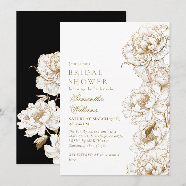 Invitación Floral Peonies White Golden Elegal Bridal Shower (Anverso / Reverso)