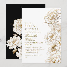 Invitación Floral Peonies White Golden Elegal Bridal Shower