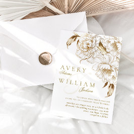 Invitación Floral Peonies White Golden Elegant Wedding