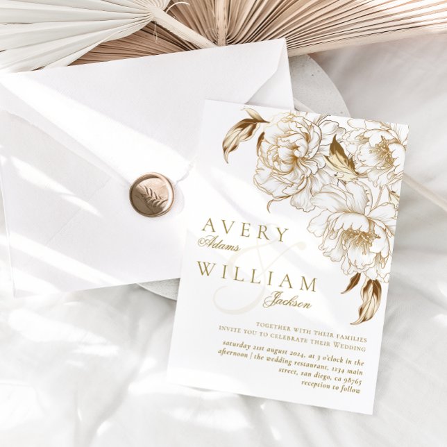 Invitación Floral Peonies White Golden Elegant Wedding (Subido por el creador)