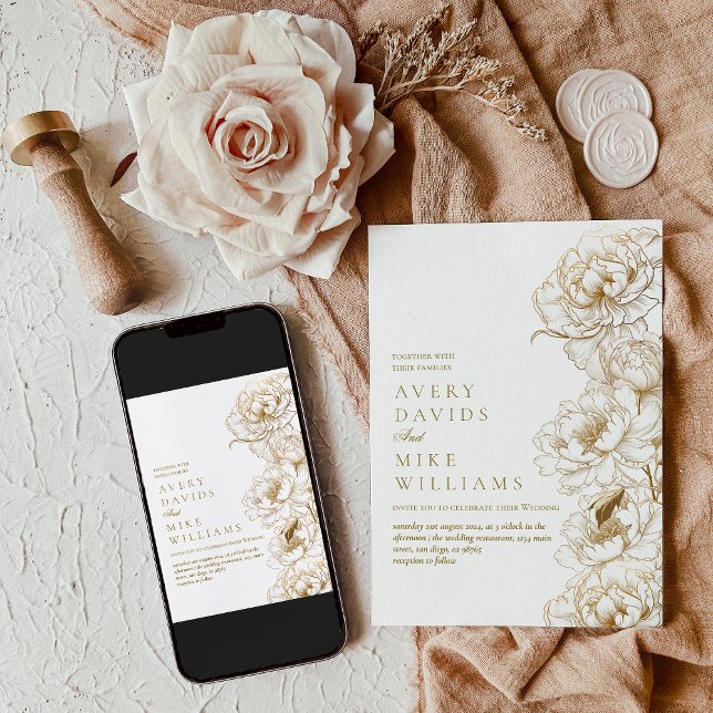 Invitación Floral Peonies White Golden Elegant Wedding (Subido por el creador)