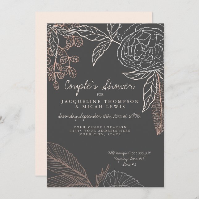 Invitación Floral Peony Leaf Line Art Charcoal Parejas Ducha (Anverso / Reverso)