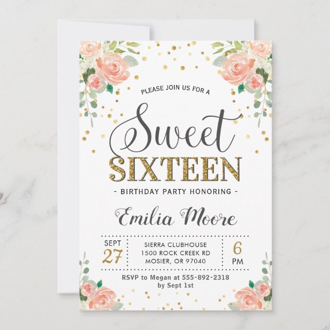 Invitación Floral Peony Peach Sweet 16 Chicas Cumpleaños (Anverso)