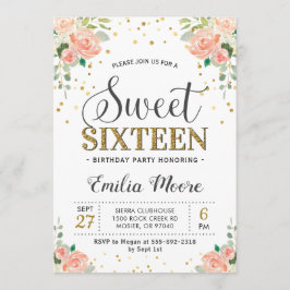 Invitación Floral Peony Peach Sweet 16 Chicas Cumpleaños