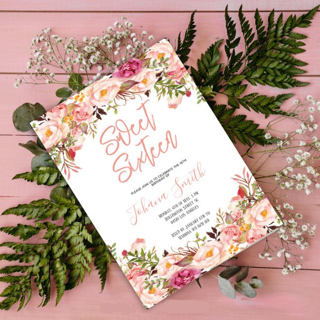 Invitación Floral Peony Pink Rubor Dieciséis cumpleaños (Subido por el creador)
