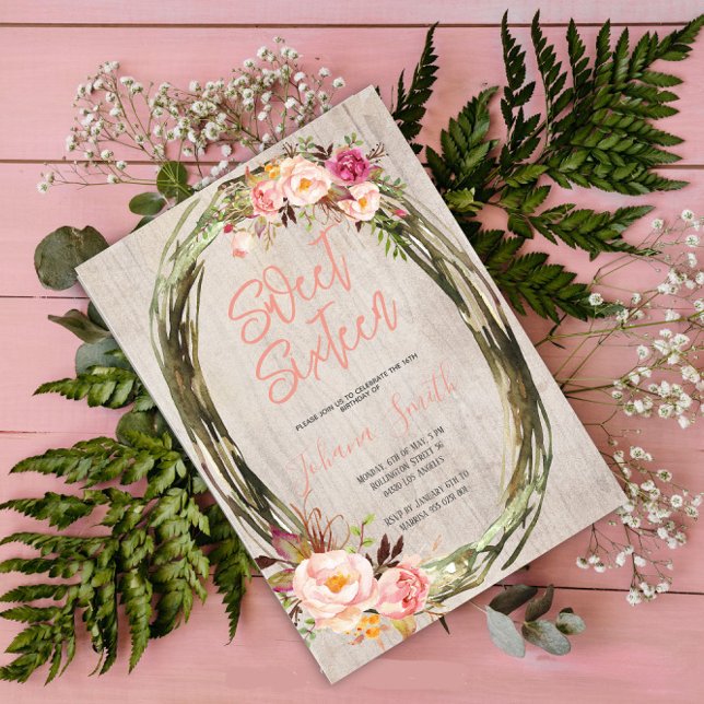 Invitación Floral Peony Rustic 16 dulce dieciséis cumpleaños (Subido por el creador)