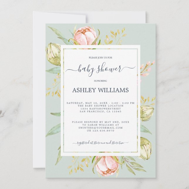 Invitación Floral Peony Rustic Boho Blue Baby Shower (Anverso)