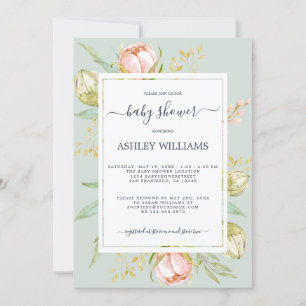 Invitación Floral Peony Rustic Boho Blue Baby Shower