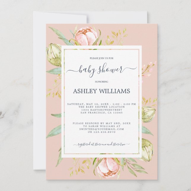 Invitación Floral Peony Rustic Boho Pink Baby Shower (Anverso)