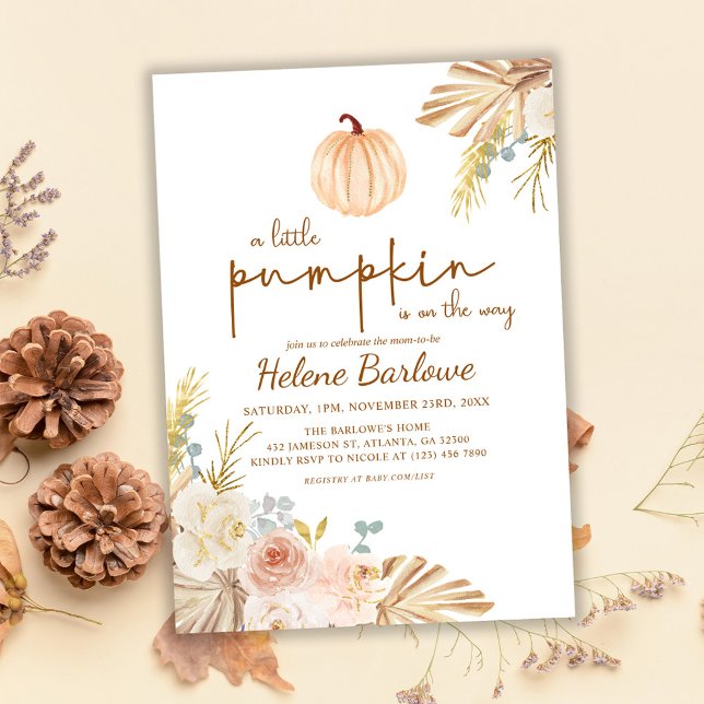 Invitación Floral Pequeña Calabaza Boho Baby Shower (Floral Little Pumpkin Boho Baby Shower Invitation)