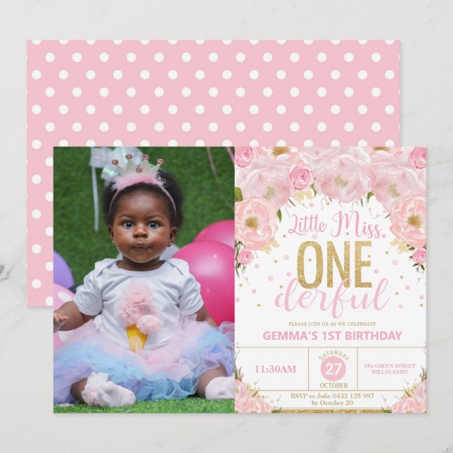 Invitación Floral Pequeña Miss Maravillosa Foto de cumpleaños (Anverso / Reverso)