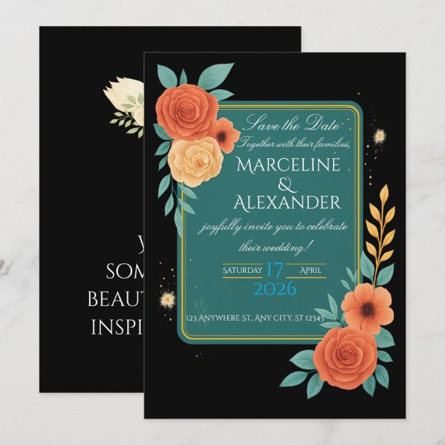 Invitación floral personalizada de color turquesa  (Anverso / Reverso)