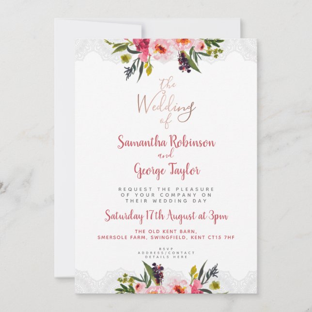 Invitación floral personalizada de la boda del oro (Anverso)