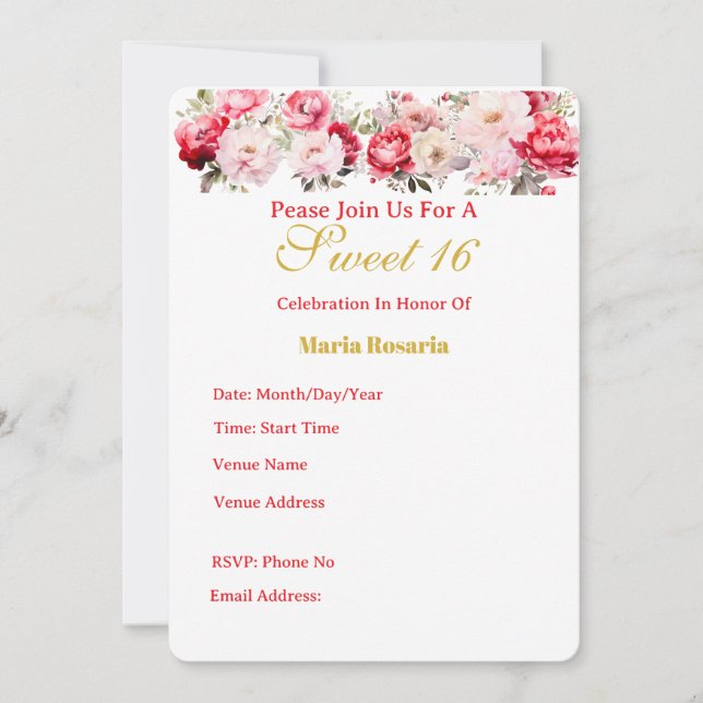 Invitación floral personalizada para Sweet 16 (Anverso)