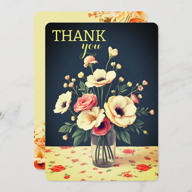 Invitación Floral Personalized Yellow Flat Thank You Card (Anverso / Reverso)