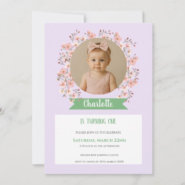 Invitación Floral Photo Birthday Invitation for Girl (Anverso)