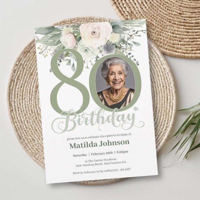 Invitación Floral Photo Sage 80th Birthday  (Subido por el creador)
