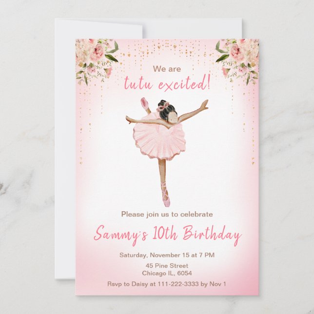 Invitación Floral piel oscura Ballerina Cumpleaños (Anverso)