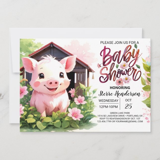 Invitación Floral Pig Farm Animals Baby Shower (Anverso)