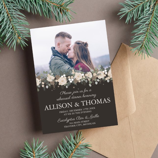 Invitación Floral Pine Holiday Invierno Ensayo Cena (Subido por el creador)