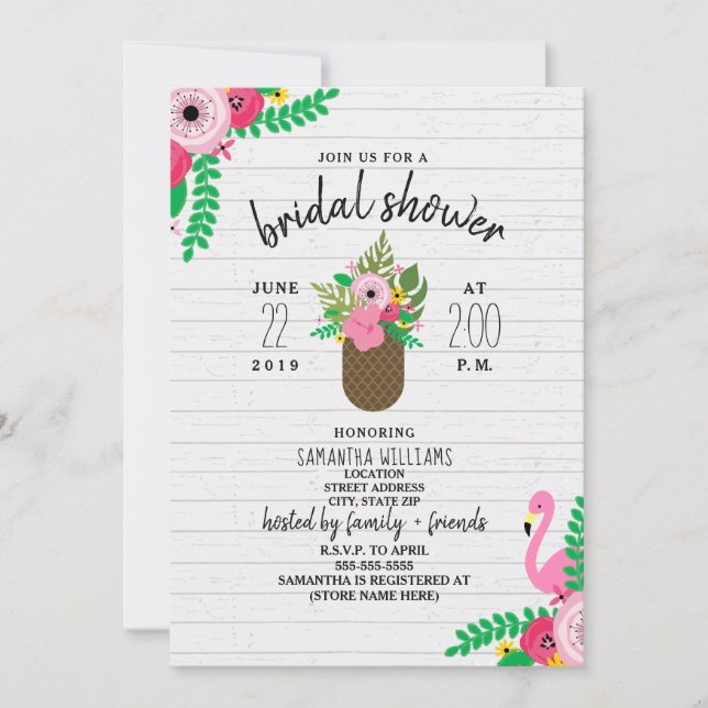 Invitación Floral Pineapple Flamingo Bridal Shower (Anverso)