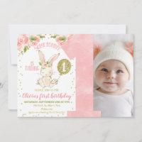 Floral Pink and Gold Photo Bunny Primer cumpleaños