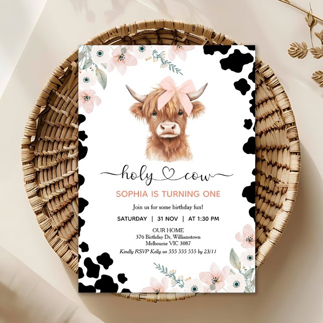 Invitación Floral Pink Black Highland Cow Holy Cow Birthday (Holy Cow Birthday Invitation, Highland Cow Birthday Invitation, Floral Holy Cow Invitation Template)