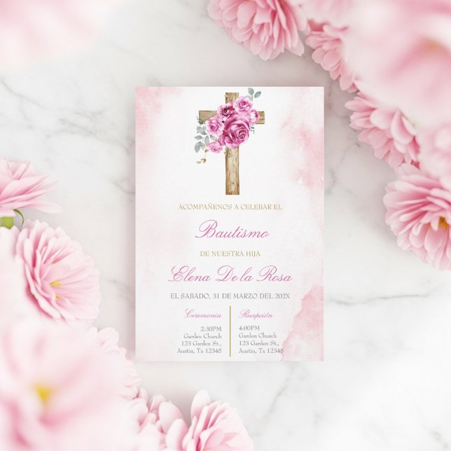 Invitación Floral Pink blush with cross baptism  (Subido por el creador)