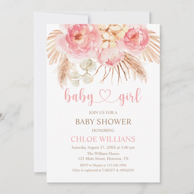 Invitación Floral pink Boho Pampas Baby Girl Invit (Anverso)