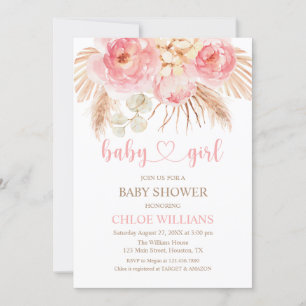 Invitación Floral pink Boho Pampas Baby Girl Invit