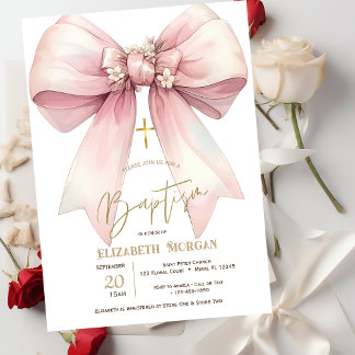 Invitación Floral Pink Bow Gold Cross Baptism