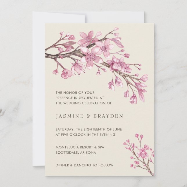 Invitación Floral Pink Cherry Blossom Elegant Wedding (Anverso)