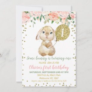 Invitación Floral Pink Gold Balloon Fluffy Bunny 1º cumpleaño