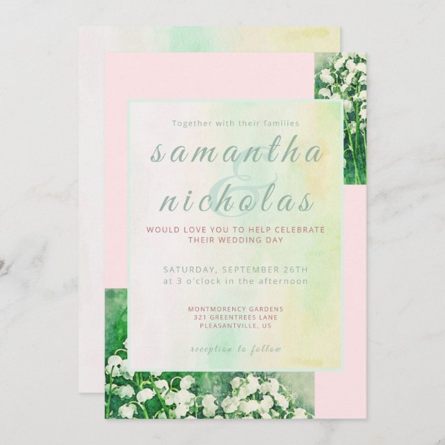 Invitación Floral Pink Green Modern Elegant Wedding (Anverso / Reverso)