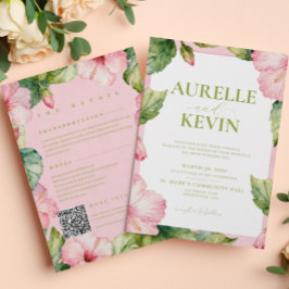 Invitación Floral Pink Green Summer Watercolor QRcode Wedding