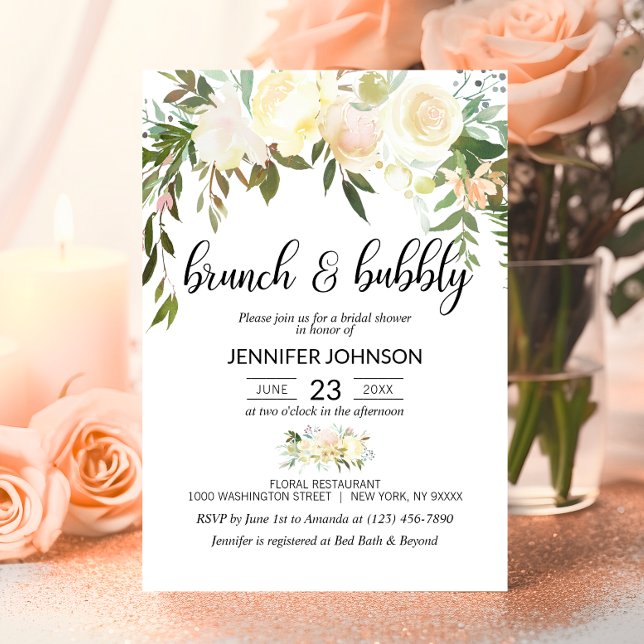 Invitación Floral Pink Ivory Brunch & Bubbly Bridal Shower (Floral Pink Ivory Brunch & Bubbly Bridal Shower Invitation)