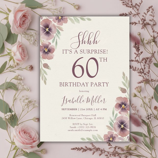 Invitación Floral Pink Mauve Surprise 60th Birthday (Floral Pink Mauve Surprise 60th Birthday Invitation)