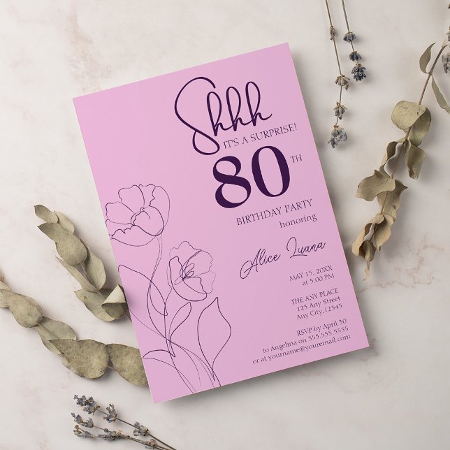 Invitación Floral Pink Mauve Surprise 80º cumpleaños (Subido por el creador)