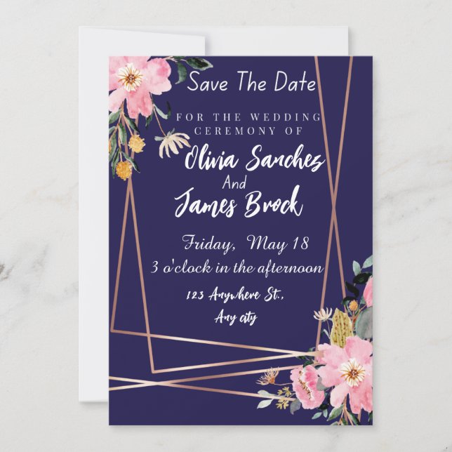 Invitación Floral pink Navy Blue Rustic Wedding  (Anverso)